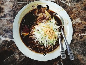 High angle view of food in bowl on table