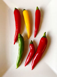 Close-up of chili peppers against white background