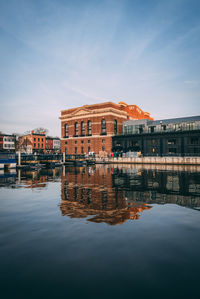 Reflection of buildings in lake against sky