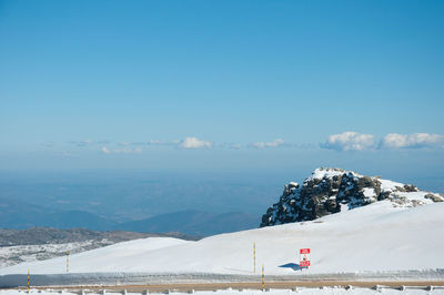 Scenic view of snowcapped mountains by sea against sky