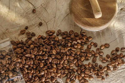 High angle view of coffee beans on table