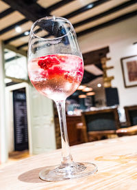 Close-up of beer glass on table