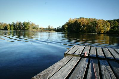 Pier on lake against clear sky