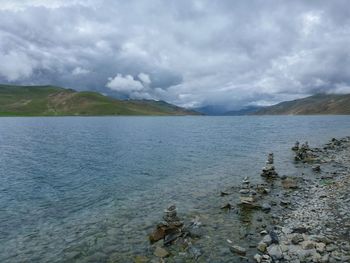 Scenic view of lake against cloudy sky