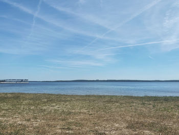 Scenic view of sea against blue sky