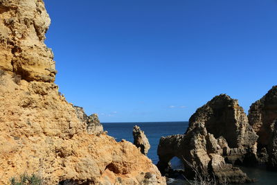 Rocks on beach against clear blue sky