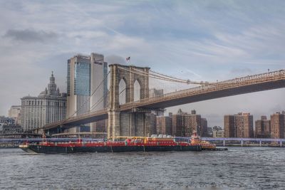 Bridge over river by buildings against sky