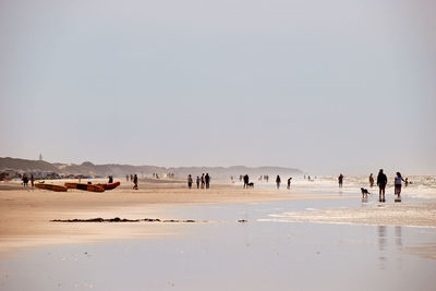 Group of people on beach against clear sky