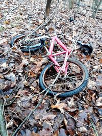 High angle view of bicycle parked on dry leaves on field