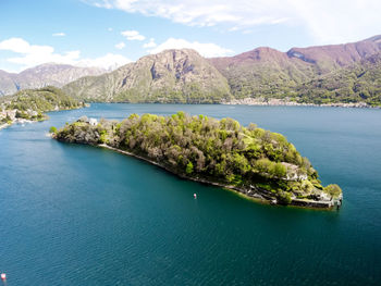 Aerial panoramic view over beautiful lake como between italy and switzerland.