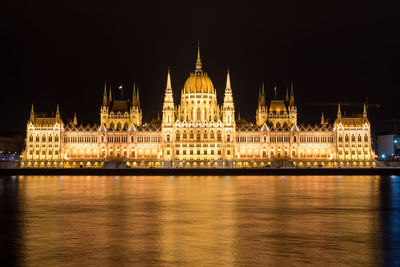 Illuminated hungarian parliament building reflecting on danube river at night