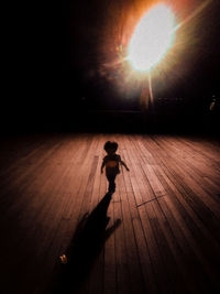 Silhouette man standing on hardwood floor against sunlight