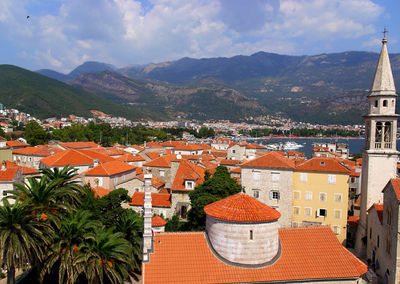 High angle view of town against sky