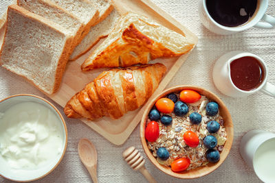 High angle view of breakfast on table