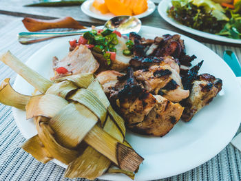 High angle view of food in plate on table