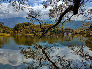 Scenic view of lake by trees against sky