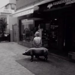 Rear view of person leaning against pig statue