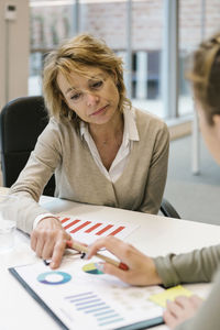 Mature businesswoman explaining graph to female coworker at desk in coworking office