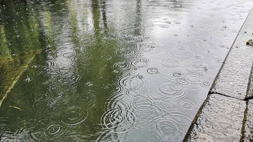 High angle view of raindrops on lake