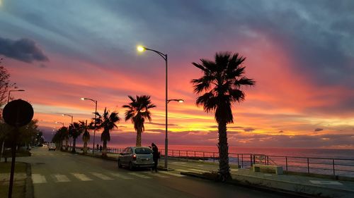 Silhouette palm trees by sea against sky during sunset