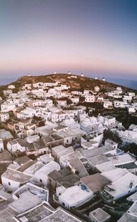 Aerial photo in sunset time in amorgos island, greece