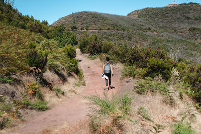 Rear view of man walking on dirt road