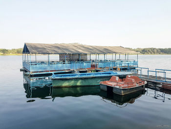 Boat moored on river against clear sky