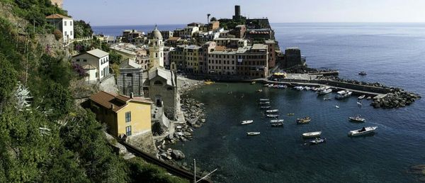 View of sea with town in background