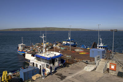 High angle view of sailboats moored at harbor