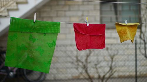 Close-up of clothes drying on clothesline