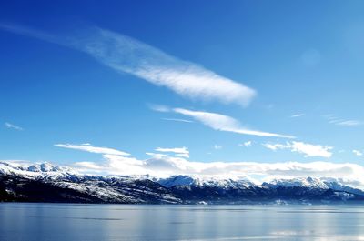 Scenic view of lake and snowcapped mountains against sky