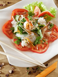 High angle view of salad in plate on table