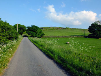 Empty road amidst field against sky