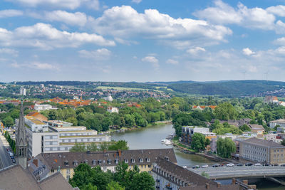 High angle view of townscape by river against sky