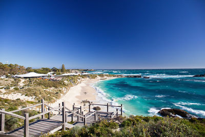 Scenic view of sea against clear blue sky