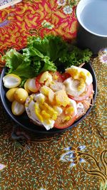 High angle view of breakfast served on table