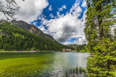 Scenic view of lake by trees against sky