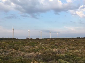 Wind turbines on field against sky