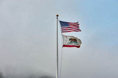 Low angle view of flag flags against sky