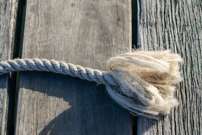 Close-up of rope on wooden plank