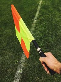 High angle view of person hand on field