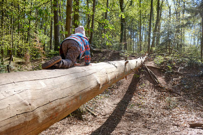 Man sitting on wood in forest