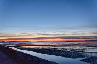 Scenic view of snow covered landscape against sky during sunset