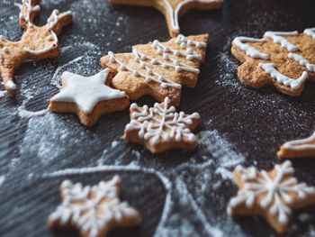 High angle view of gingerbread cookies on table