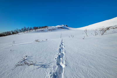 Scenic view of snow covered landscape against clear blue sky