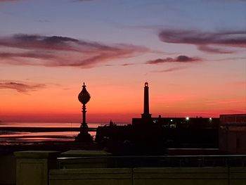 Silhouette of buildings against cloudy sky at sunset