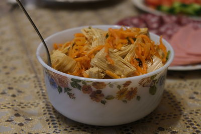 High angle view of noodles in bowl on table