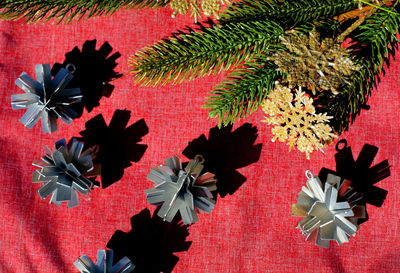 High angle view of red flowers on tree