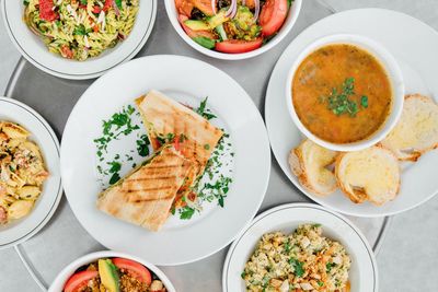 High angle view of food served on table