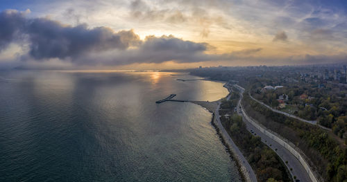 High angle view of cityscape against sky during sunset